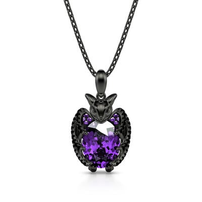 Jeulia Hug Me "Kiss the Night" Black Bat Oval Cut Sterling Silver Necklace