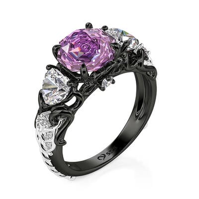 Jeulia Midsummer Night Anillo Negro con Tres Piedras Rosa Púrpura