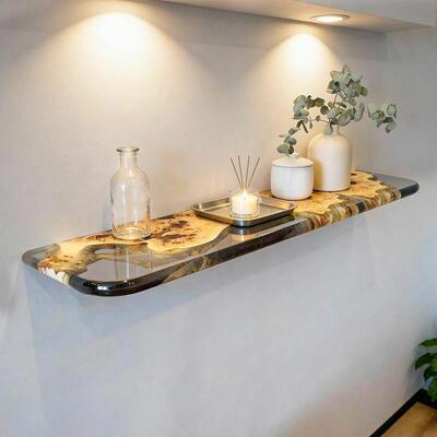 Modern Artisanal Transparent Black Resin & Wood Floating Shelf Reslol Living Decor