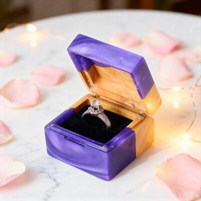 Artisanal Reslol Square Wooden Resin Ring Box - Engagement & Wedding Gift For Her