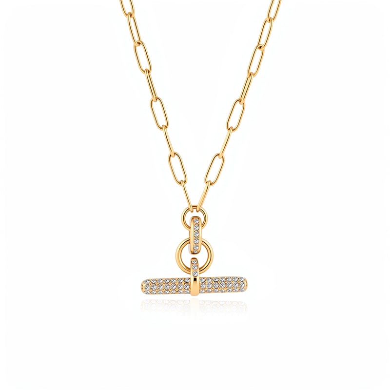 Jeulia "Andy" Style Gold Pave Paperclip Chain T-Bar Necklace