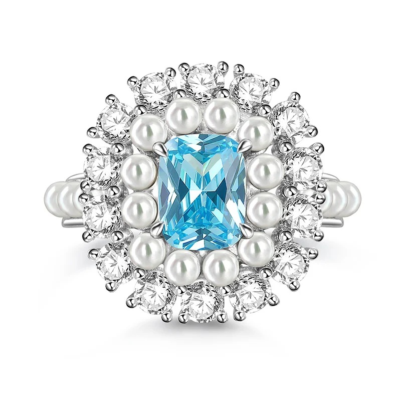Jeulia Double Halo White Pearl Aquamarine Ring Sterling Silver
