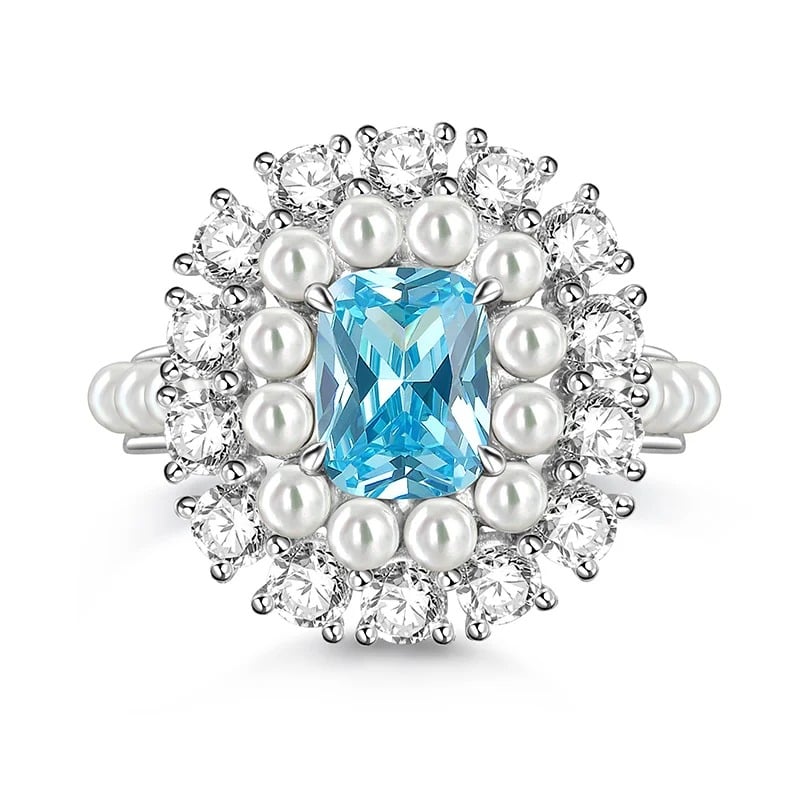 Jeulia Double Halo White Pearl Aquamarine Ring Sterling Silver