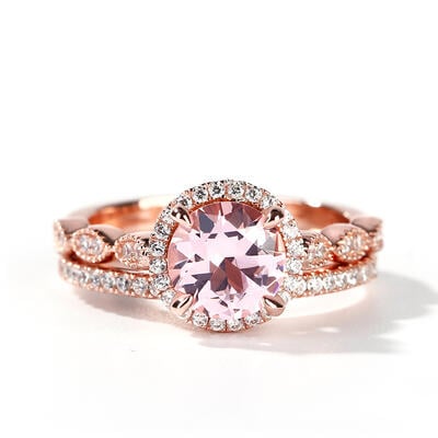 Jeulia Halo Milgrain Round Cut Synthetic Morganite Sterling Silver Ring Set