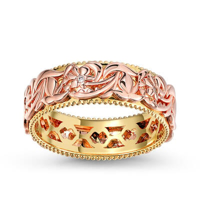 Jeulia Two Tone Floral and Leaf Carved Unique Sterling Silver Women's Band