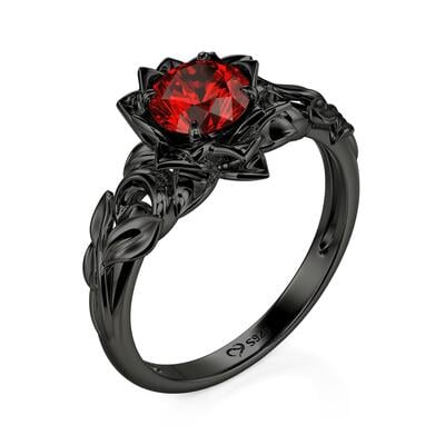 Jeulia Black Floral Round Cut Gothic Ring Sterling Silver