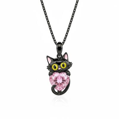 Jeulia Hug Me Custom Birthstone Black Cat Necklace