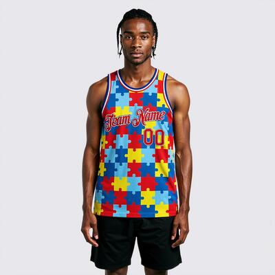 Custom Black Red-Royal 3D Pattern Design Autism Awareness Puzzle Pieces Authentic Basketball Jersey