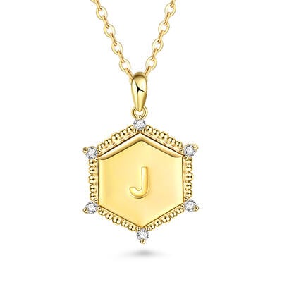 Jeulia Hexagonal Sunshine Letter Plate Engraved Personalized Sterling Silver Necklace