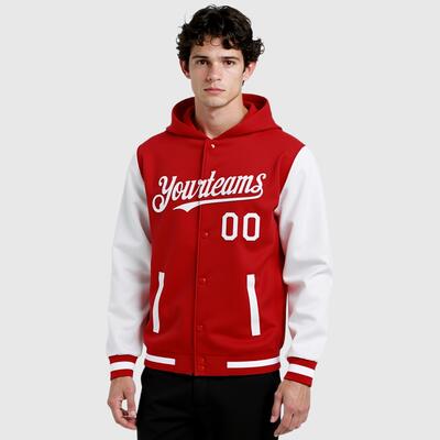 Custom Red White Full-Snap Varsity Letterman Two Tone Hoodie Jacket for Campus Life