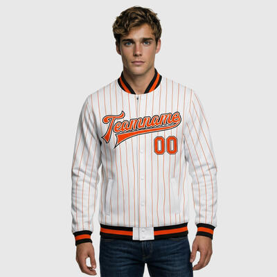 Custom White Pinstripe Full-Snap Varsity Jacket – Good for Retro Gatherings