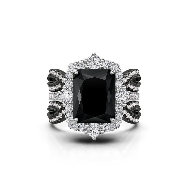 Jeulia Juego de Anillos de Compromiso Halo Radiante Negro Intercambiable y Trenzado