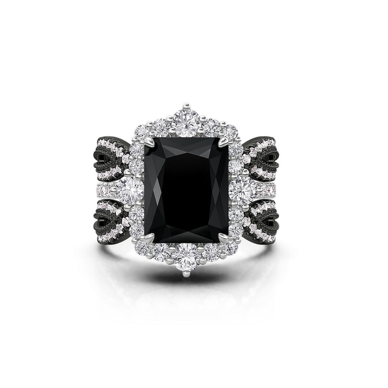 Jeulia Juego de Anillos de Compromiso Halo Radiante Negro Intercambiable y Trenzado
