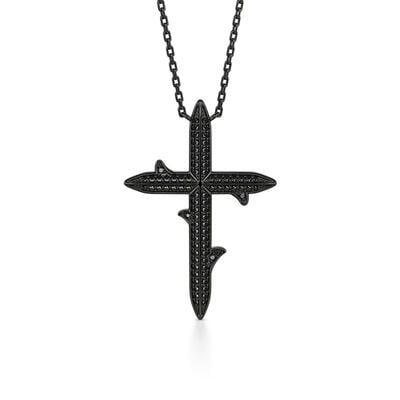 Jeulia Thorn Black Cross Necklace Sterling Silver