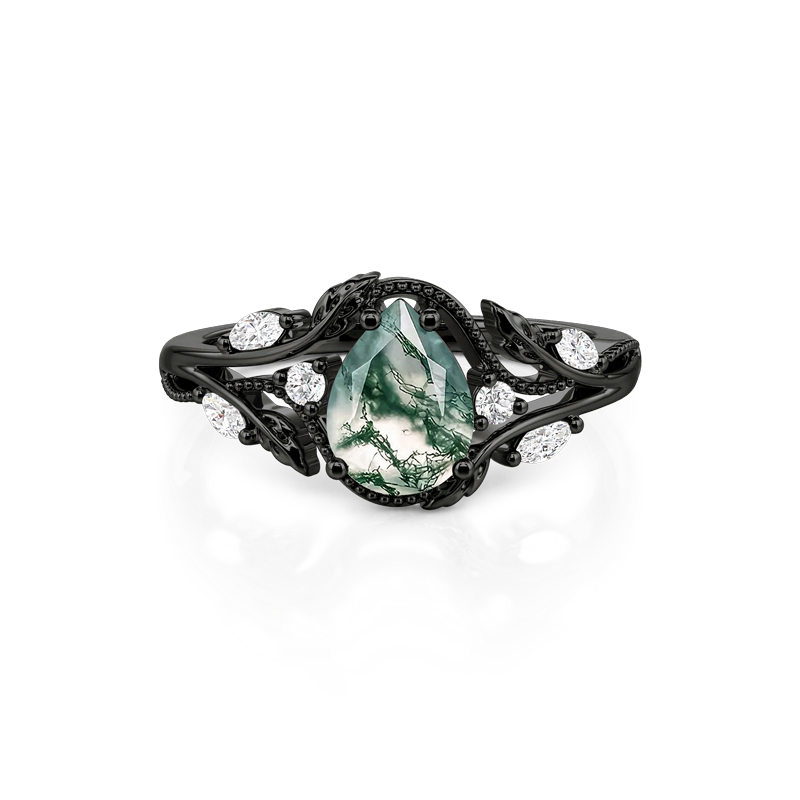 Jeulia Leaf Vine Bypass Moss Agate Ring Pear Cut Stone