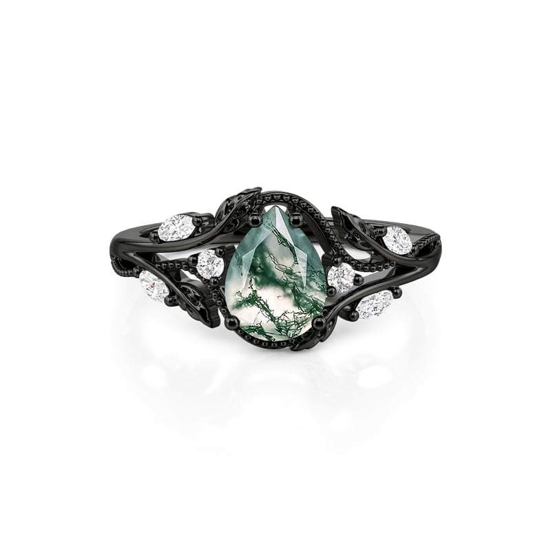 Jeulia Leaf Vine Bypass Moss Agate Ring Pear Cut Stone
