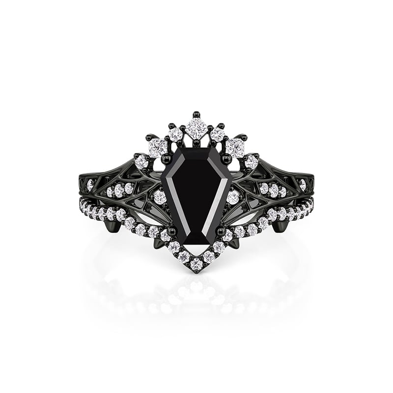 Jeulia Juego Anillo de Boda Negro Gótico Murciélago Corte Ataúd Dos Piezas