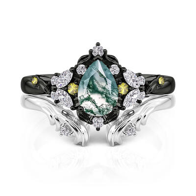 Jeulia Midsummer Night Mystery Forest Moss Agate Ring Set