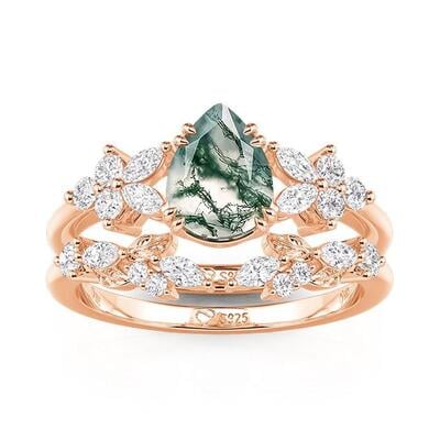 Jeulia Rose Gold Pear Cut Moss Agate Ring Set
