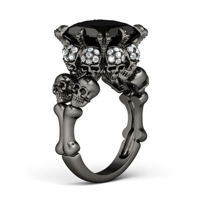 Jeulia Black Tone Princess Cut Sterling Silver Skull Ring
