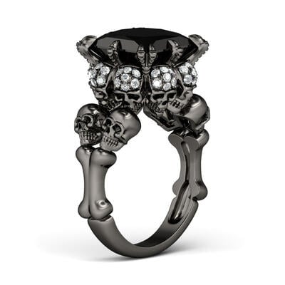 Jeulia Black Tone Princess Cut Sterling Silver Skull Ring