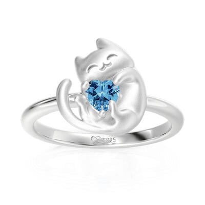 Jeulia Cute Cat Ring with Heart Shaped Blue Stone