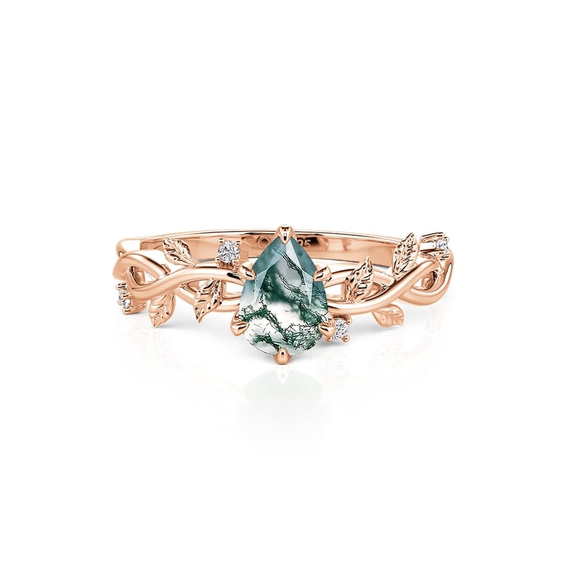 Jeulia Anillo de Compromiso en Forma de Pera de Ágata Musgo y Oro Rosa con Hoja de Vid