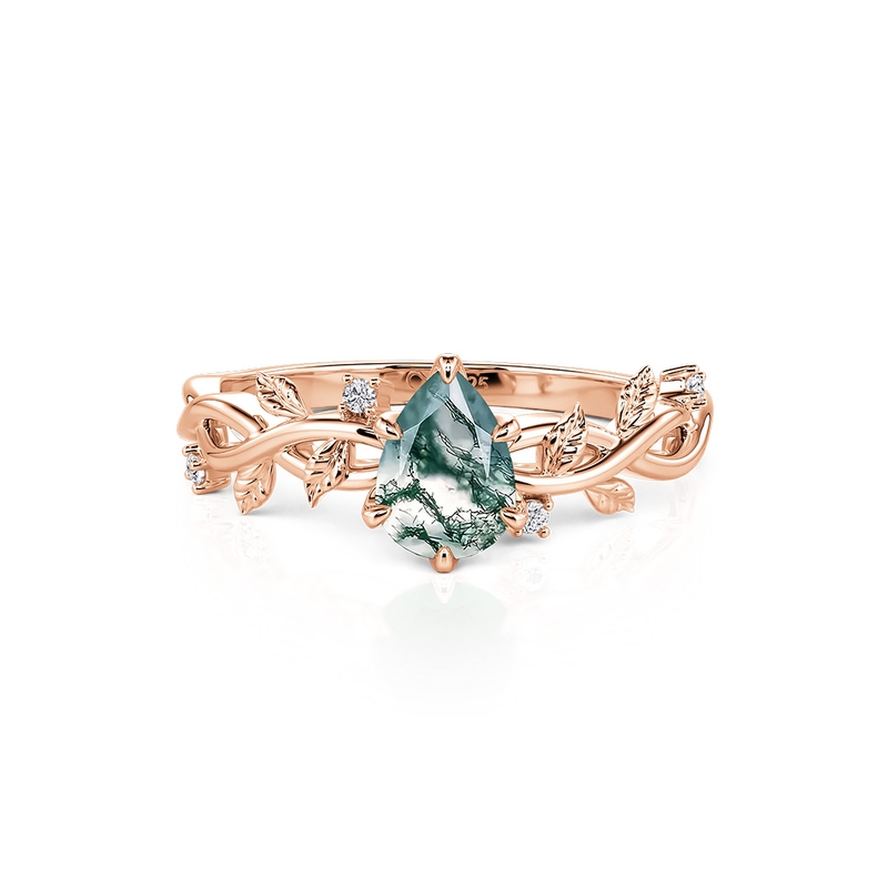 Jeulia Anillo de Compromiso en Forma de Pera de Ágata Musgo y Oro Rosa con Hoja de Vid