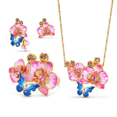 Jeulia "Butterfly Loves Flower" Enamel Sterling Silver Jewelry Set