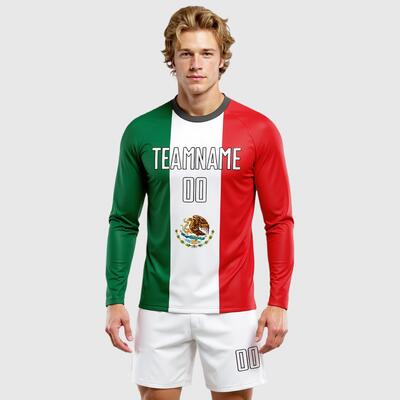 Custom Mexican Flag Soccer Uniform Jersey Kelly Green White Red-Black Sublimation Long Sleeve