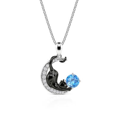 Jeulia Custom Black Cat Moon Necklace With Birthstone