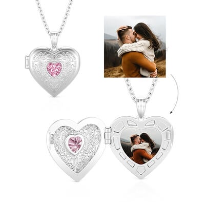 Jeulia ヴィンテージ パーソナライズド ハート フォト ロケットネックレス 誕生石付き