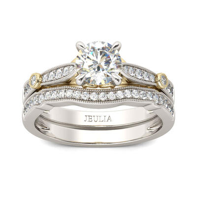 Jeulia Conjunto De Anillos Milgrain Con Dos Tonos De Talla Redonda En Plata De Ley