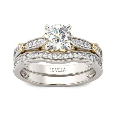 Jeulia Conjunto De Anillos Milgrain Con Dos Tonos De Talla Redonda En Plata De Ley