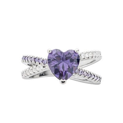 Jeulia Anillo Mujer con Corazón Violeto Argolla Cruzada de Plata de Ley