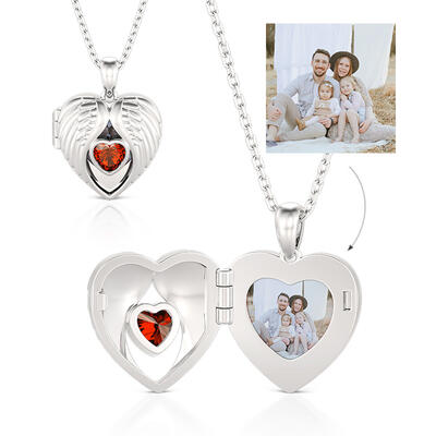 Jeulia Heart Wings Custom Birthstone Photo Necklace Locket Sterling Silver