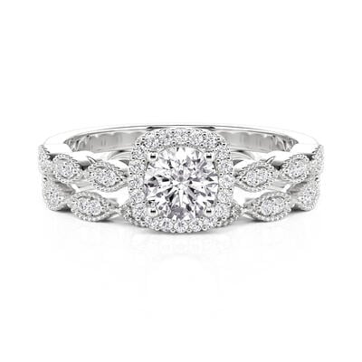 Jeulia Vintage Halo Round Engagement Ring Set Sterling Silver