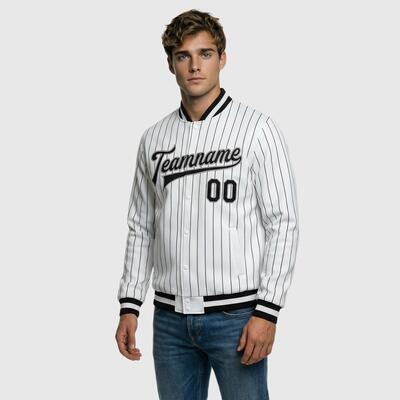 Custom White Pinstripe Full-Snap Varsity Letterman Jacket Perfect for Vintage-Themed Flea Markets and Casual Shopping