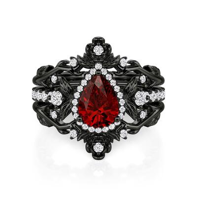 Jeulia Juego de Anillo de Compromiso Gótico Flor Negra Corte Pera