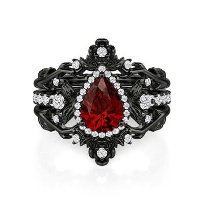 Jeulia Gothic Black Floral Pear Cut Engagement Ring Set