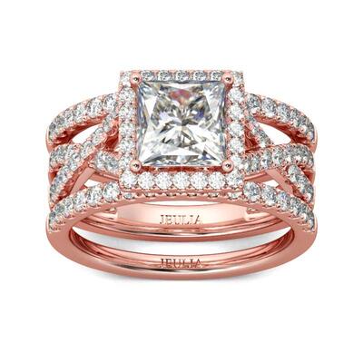 Jeulia 3PC Halo Princess Cut Sterling Silver Ring Set