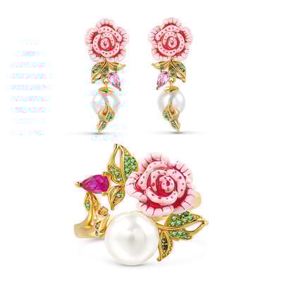 Jeulia "Cherished Love" Rose Flower Cultured Pearl Enamel Sterling Silver Jewelry Set
