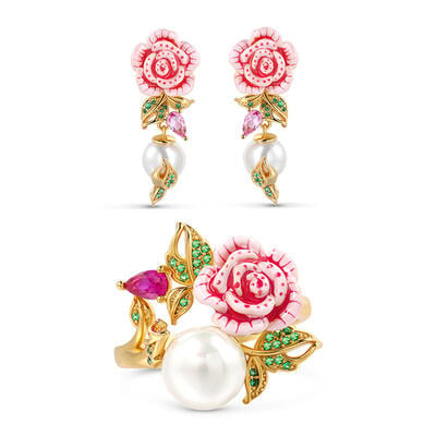Jeulia "Cherished Love" Rose Flower Cultured Pearl Enamel Sterling Silver Jewelry Set