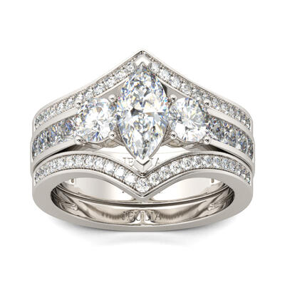 Jeulia Three Stone Marquise Cut Sterling Silver Ring Set