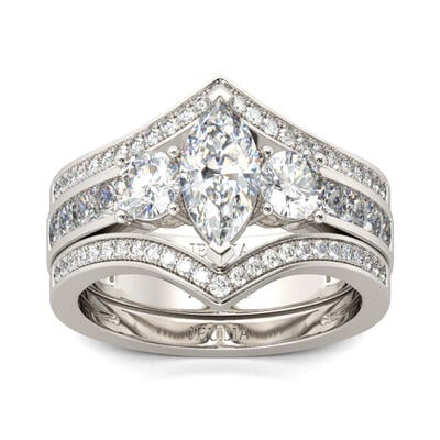 Jeulia Terno De Anillos Con Tres Piedras De Talla Marqueza En Plata De Ley