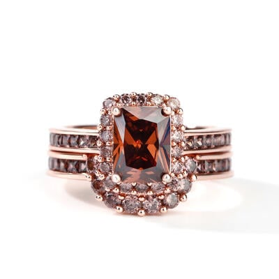 Jeulia "Delicious Coffee" Halo Emerald Cut Sterling Silver Ring Set