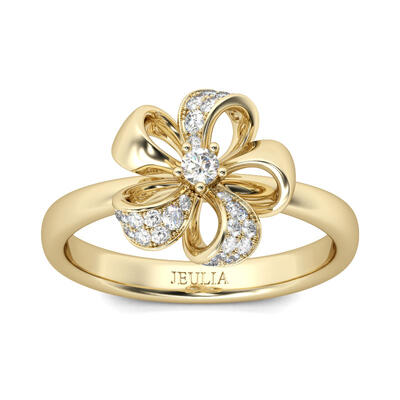 Jeulia Gold Tone Flower Design Round Cut Sterling Silver Ring