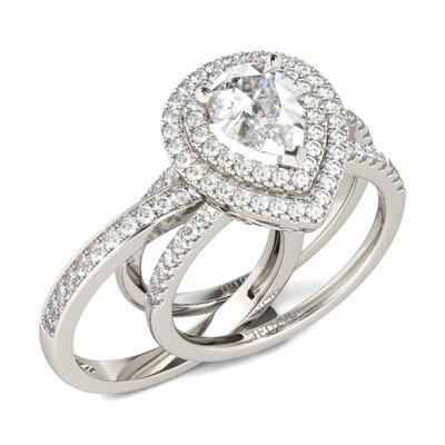 Jeulia Conjunto De Anillos Con Doble Halo De Talla Pera En Plata De Ley