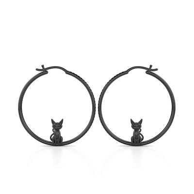 Jeulia "Death Witness" Black Cat Sterling Silver Hoop Earrings