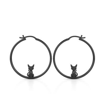 Jeulia "Death Witness" Black Cat Sterling Silver Hoop Earrings